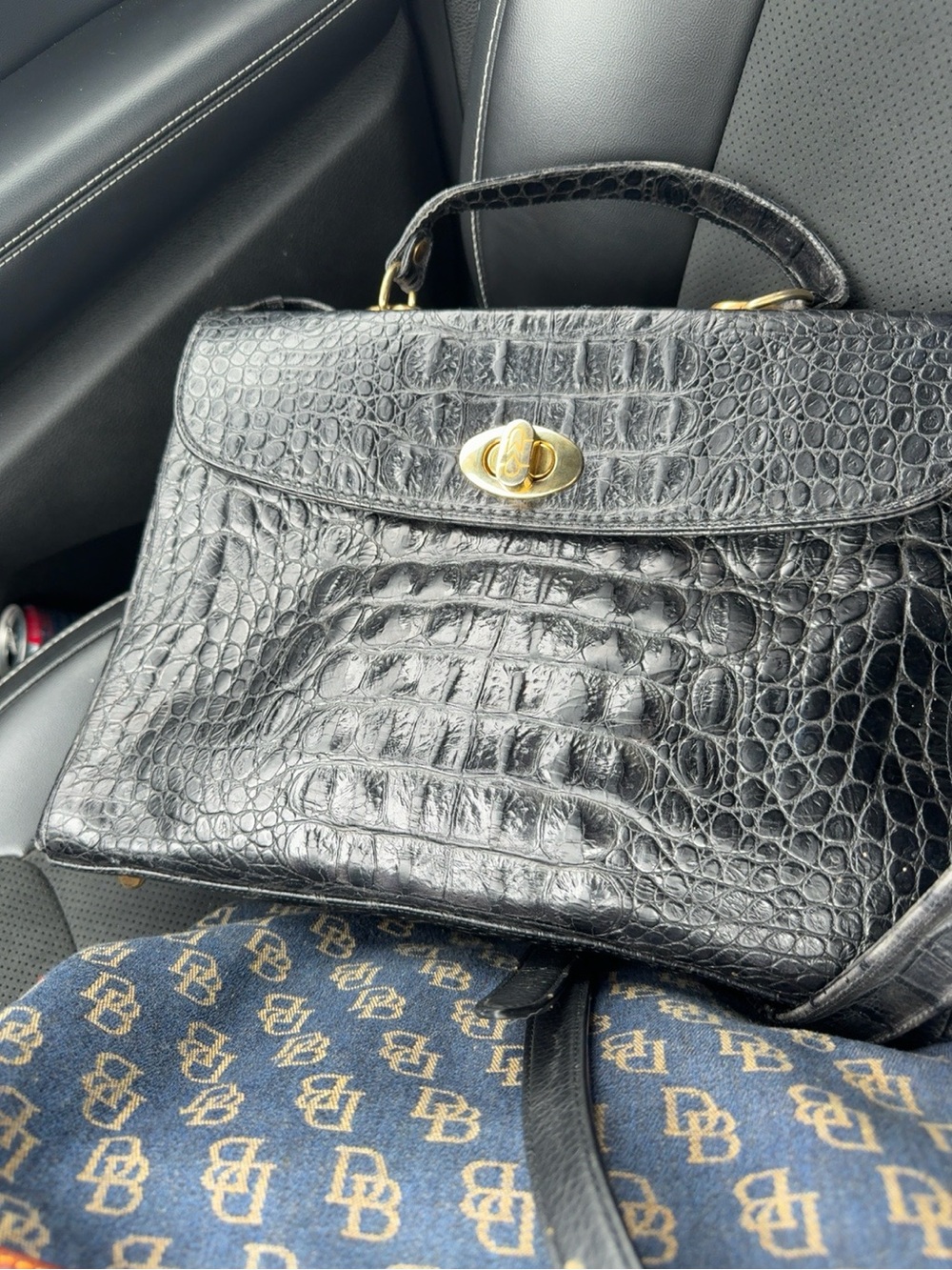 Vintage Marino Orlandi Black Crocodile-Embossed Leather Top Handle Satchel